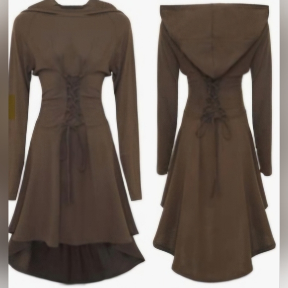 Hooded robber style dress with faux suede leather drawstrings - Picture 2 of 11
